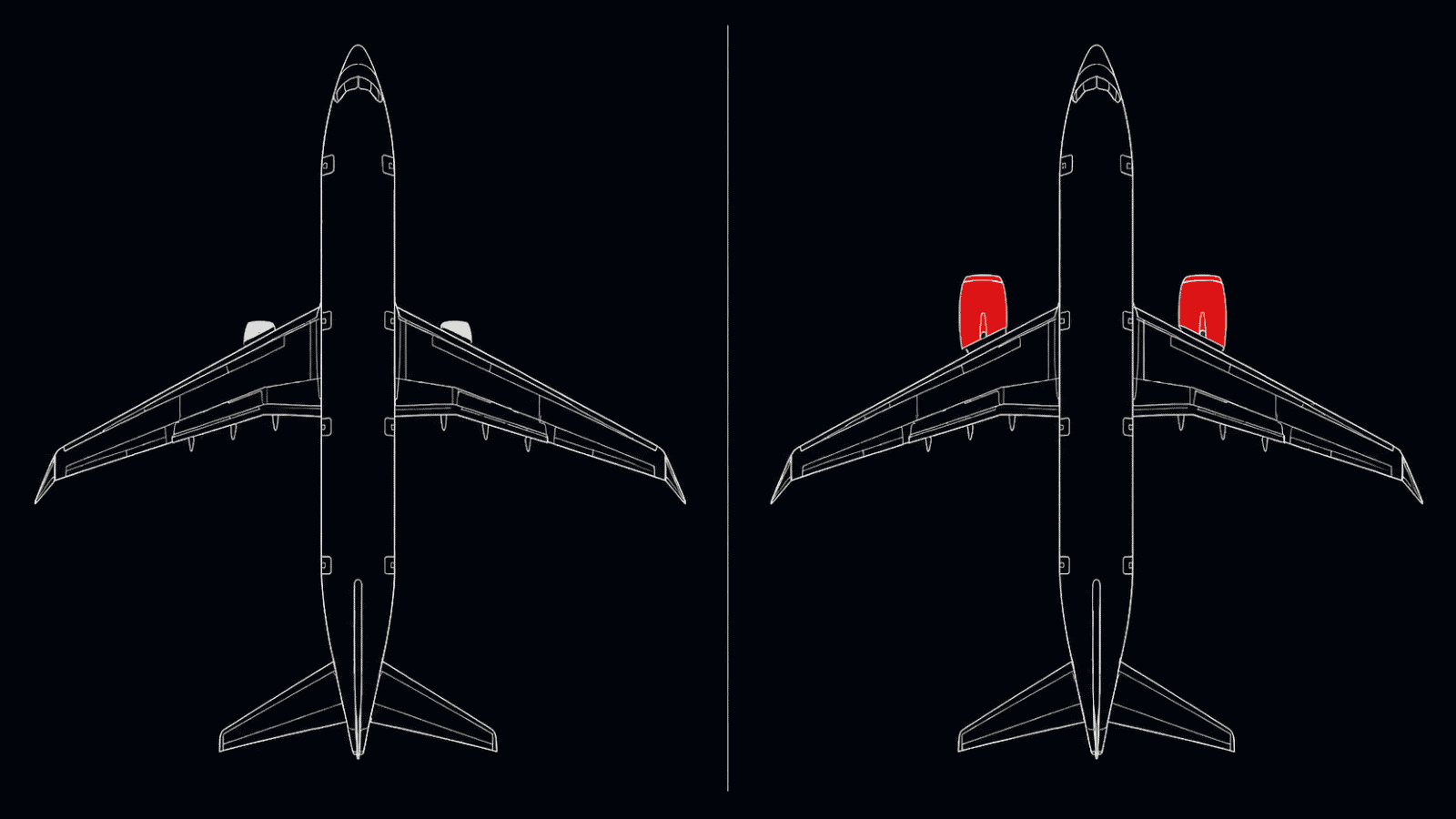 Top-down view of two aircraft wings side by side. The left wing has its smaller cream-colored engine mounted in the conventional position behind the wing leading edge. The right wing has its larger red engine mounted significantly forward, with the engine nacelle clearly protruding ahead of the wing leading edge.