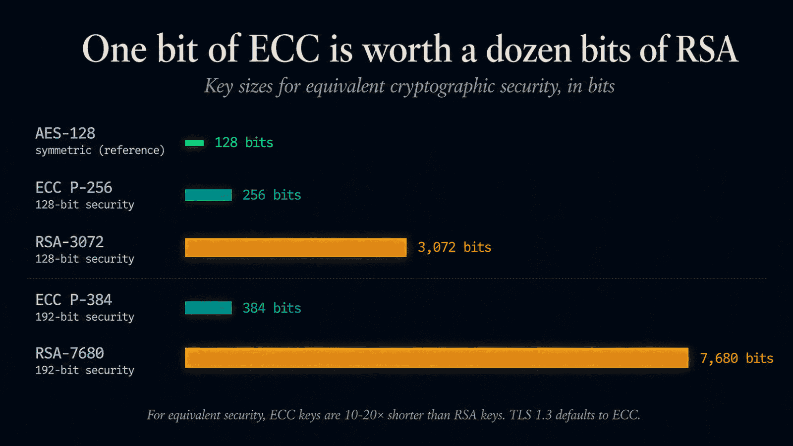 Horizontal bar chart comparing key sizes for equivalent cryptographic security. AES-128 (symmetric): 128 bits, a tiny green bar. ECC P-256: 256 bits, a small teal bar. RSA-3072 (equivalent security to ECC P-256): 3,072 bits, a wide amber bar. RSA-7680 (equivalent security to ECC P-384): 7,680 bits, the longest bar at full width. Headline reads "One bit of ECC is worth a dozen bits of RSA."