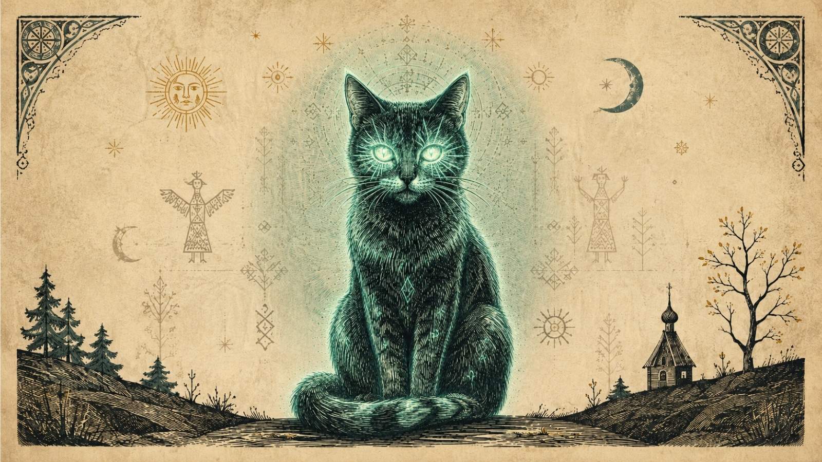 Folk-art woodcut illustration of a luminescent cat with glowing green-teal eyes and a faint bioluminescent aura, sitting in a stylized landscape surrounded by folkloric symbols, suggesting the proposed biologically engineered radiation-warning creature embedded in invented folklore.