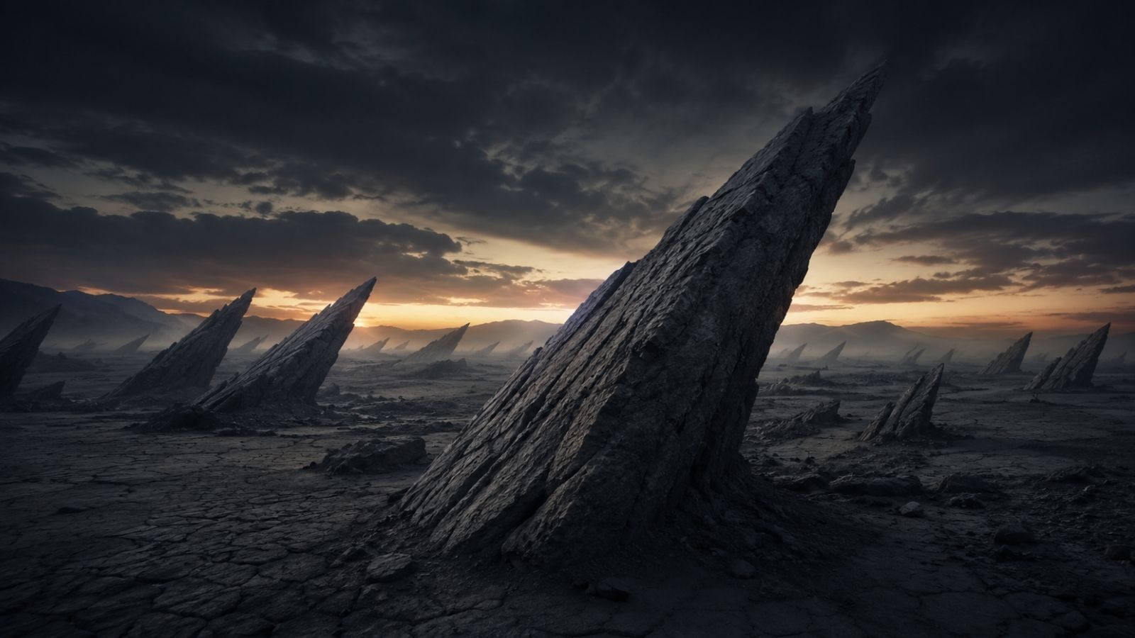 Cinematic depiction of a vast desert landscape filled with angular rock spikes jutting from cracked earth at dusk, evoking the proposed WIPP warning marker concept of a hostile spike-field landscape.