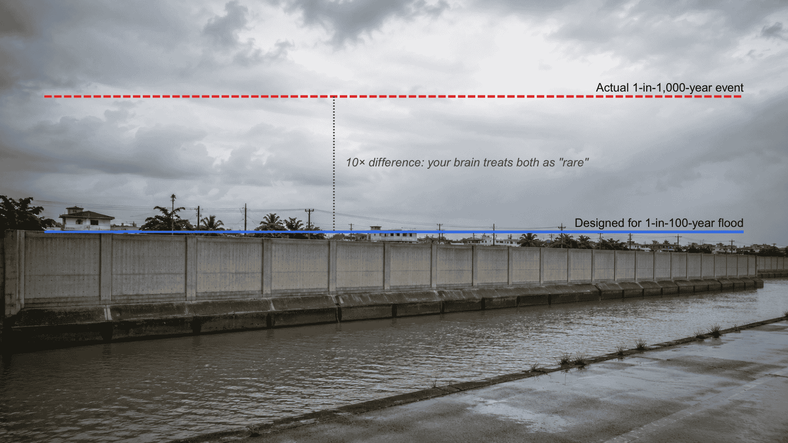 Photograph of a concrete flood control wall, with two horizontal annotation lines overlaid: a solid blue line at the wall's top edge labeled 'Designed for 1-in-100-year flood', and a higher dashed red line in the sky area labeled 'Actual 1-in-1,000-year event'. A vertical guide between them carries the note '10× difference: your brain treats both as rare'.